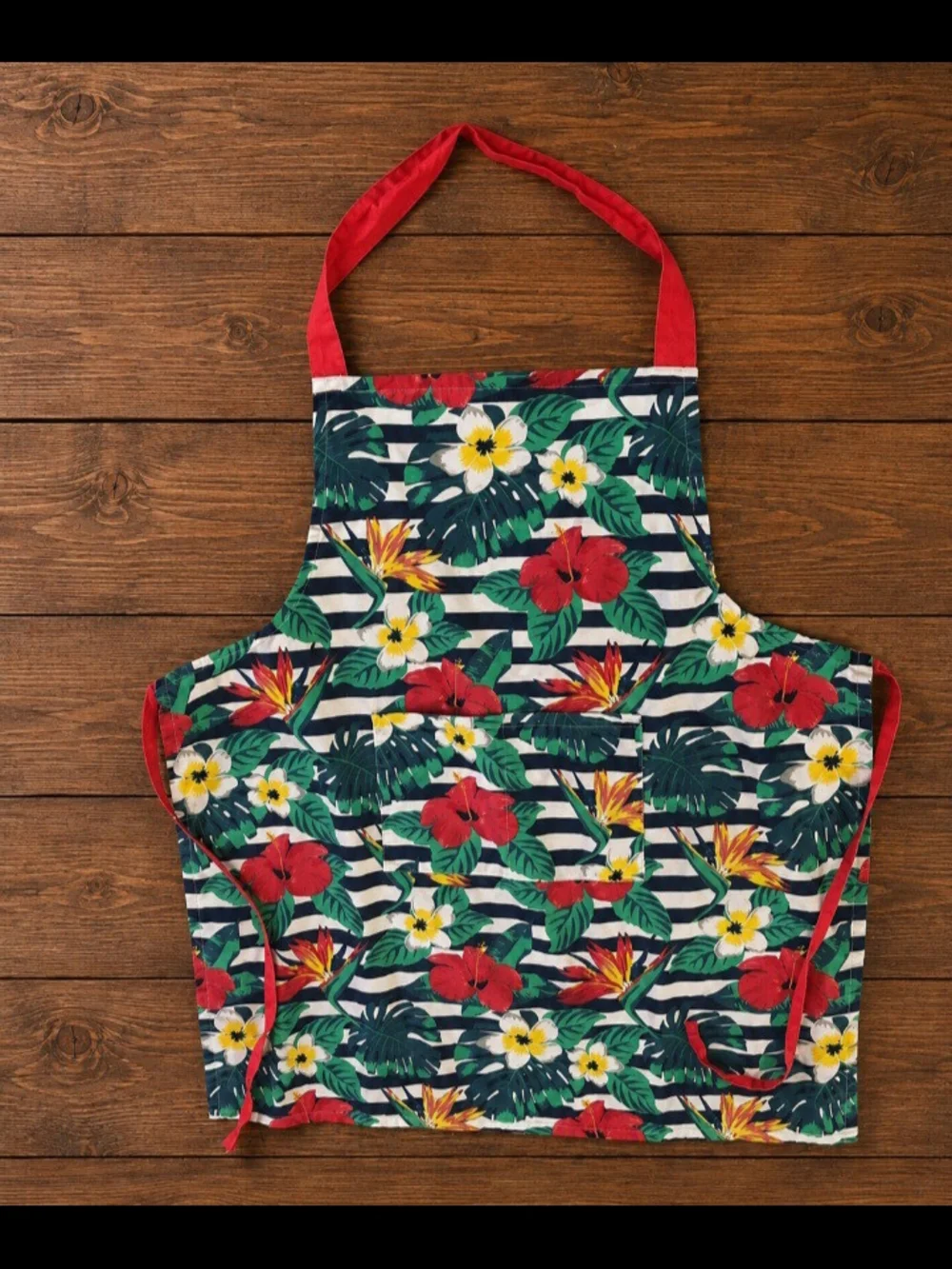 Tropical Floral Striped Apron Red Hibiscus Adjustable Tie Waist Pockets
